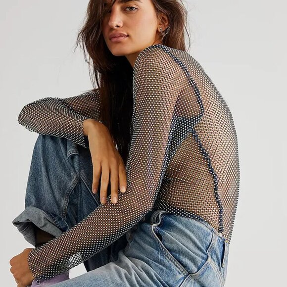 NWOT Free People x Intimately WOMEN'S TOP S XS Filter Finish Sheer stone Mesh - Picture 1 of 6